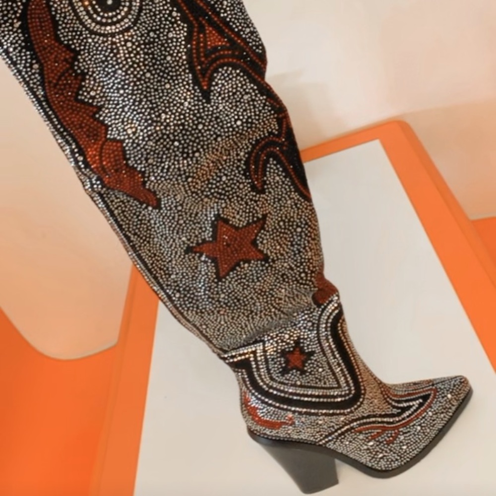 Thigh high rhinestone cowboy boots not sure of brand hardly worn